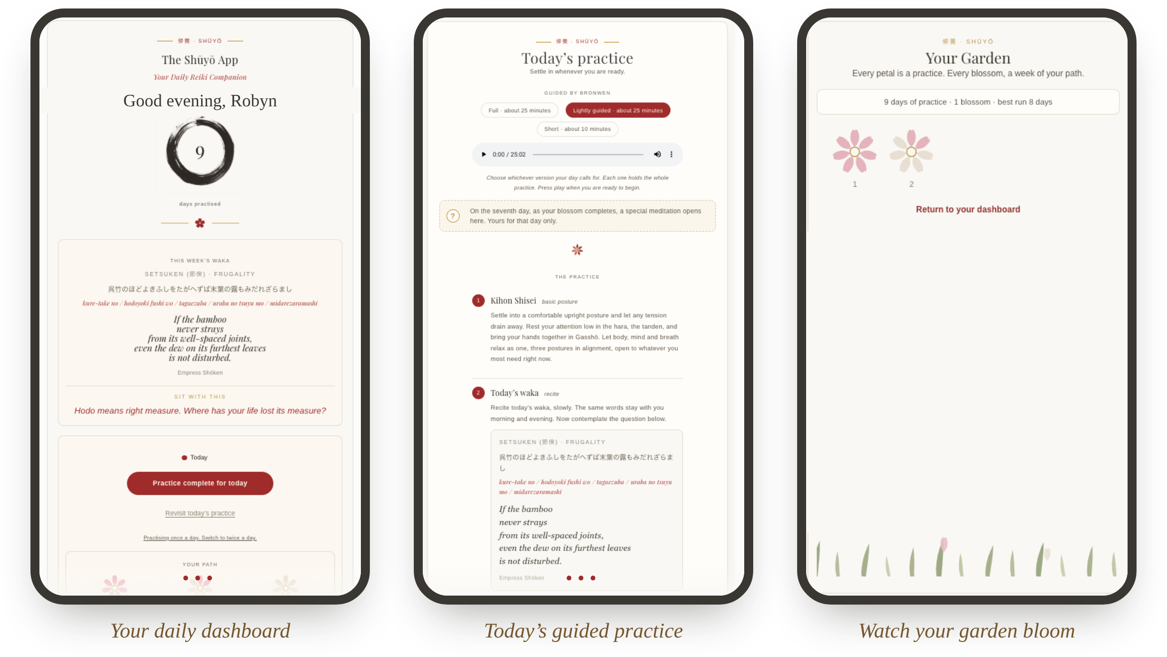 Three screens from the Shuyo Reiki App: the daily dashboard, today's guided practice, and Your Garden