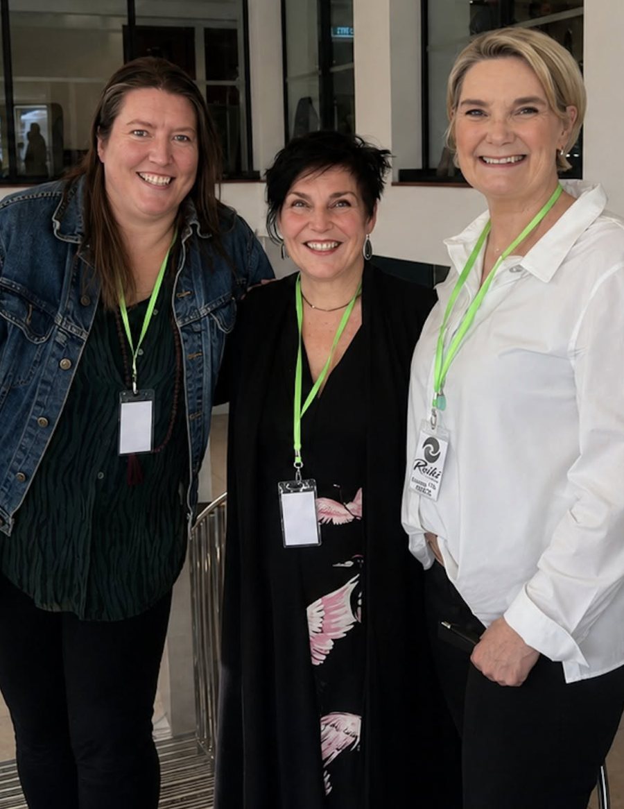 Bronwen Logan with Sirpa Gun and Nicola Lincoln at the 2026 New Zealand Reiki Association Conference